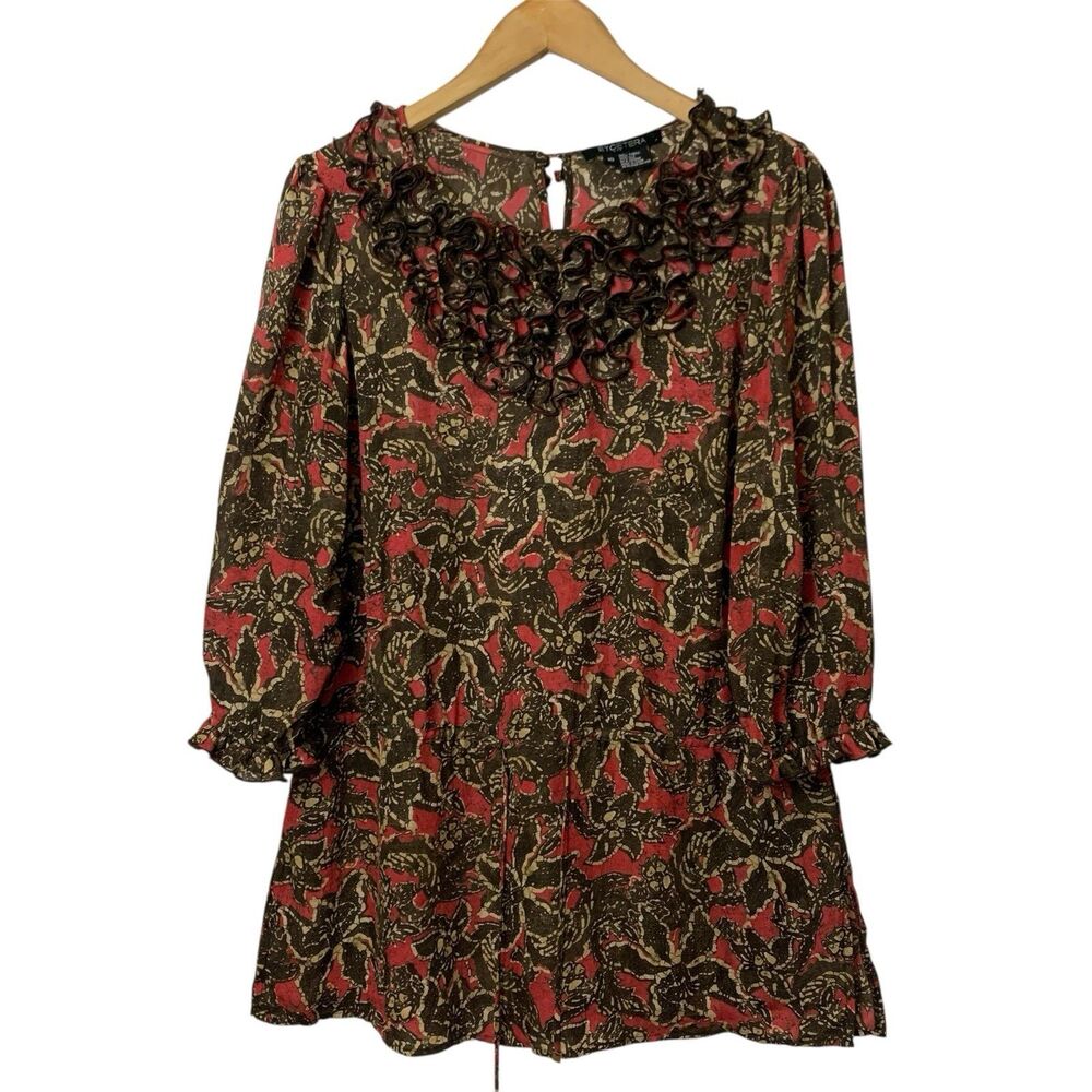 Etcetera Silk Tunic Top Size 10 Floral Brown Ruffle Neck Drawstring Waist Blouse